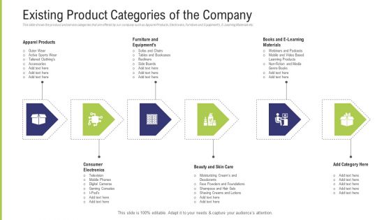 Funding Pitch Deck To Obtain Long Term Debt From Banks Existing Product Categories Of The Company Themes PDF