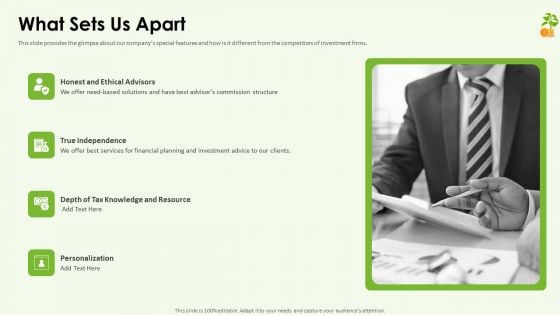 Funding Pitch Deck What Sets Us Apart Ppt Portfolio Elements PDF