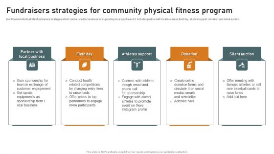 Fundraisers Strategies For Community Physical Fitness Program Portrait PDF