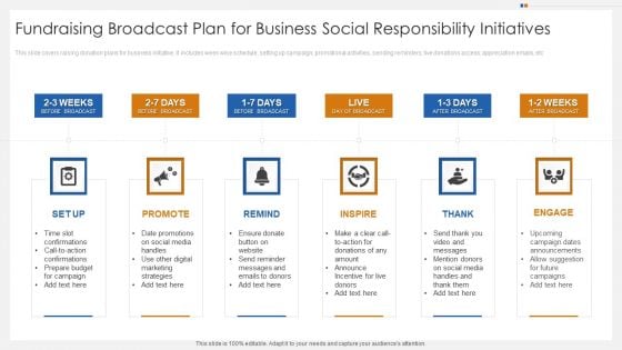 Fundraising Broadcast Plan For Business Social Responsibility Initiatives Portrait PDF