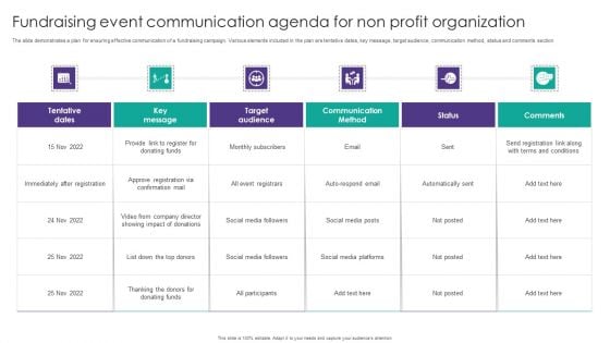 Fundraising Event Communication Agenda For Non Profit Organization Template PDF