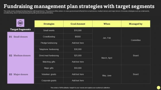 Fundraising Management Plan Strategies With Target Segments Guidelines PDF