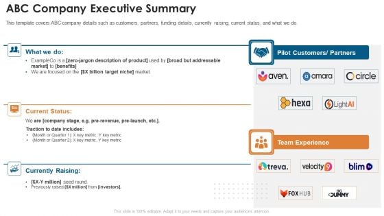 Fundraising Pitch Deck For Startups ABC Company Executive Summary Professional PDF Fundraising Pitch Deck For Startups ABC Company Executive Summary Professional PDF