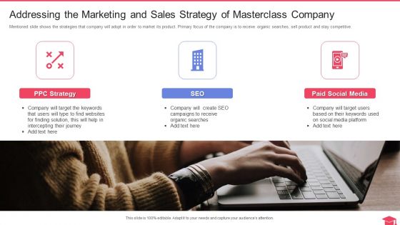 Fundraising Pitch Deck Of Masterclass Addressing The Marketing And Sales Strategy Of Masterclass Microsoft PDF