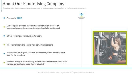 Fundraising Presentation Gym Equipments Startup About Our Fundraising Company Diagrams PDF Fundraising Presentation Gym Equipments Startup About Our Fundraising Company Diagrams PDF