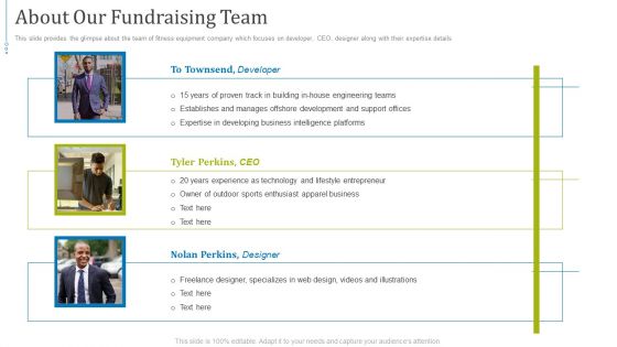 Fundraising Presentation Gym Equipments Startup About Our Fundraising Team Diagrams PDF