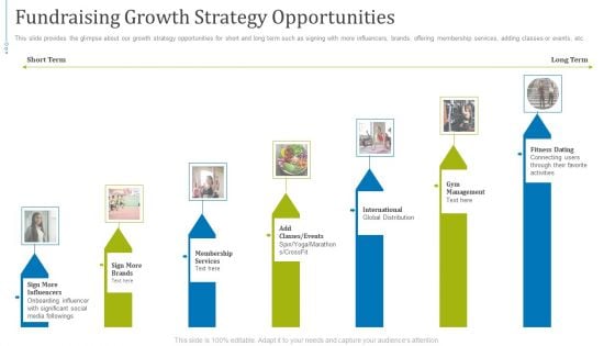 Fundraising Presentation Gym Equipments Startup Fundraising Growth Strategy Opportunities Icons PDF