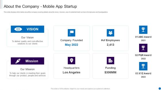 Fundraising Smartphone Application Startup About The Company Mobile App Startup Icons PDF