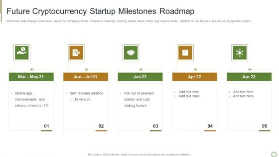 Future Cryptocurrency Startup Milestones Roadmap Icons PDF