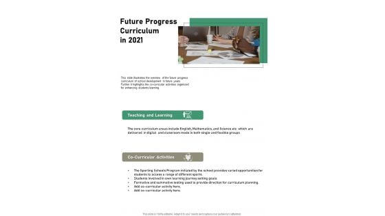 Future Progress Curriculum In 2021 One Pager Documents