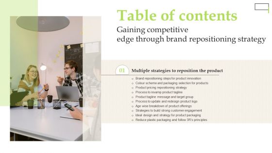 Gaining Competitive Edge Through Brand Repositioning Strategy Table Of Contents Infographics PDF Gaining Competitive Edge Through Brand Repositioning Strategy Table Of Contents Infographics PDF