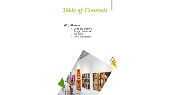 Gallery Exhibition Proposal Table Of Contents One Pager Sample Example Document Gallery Exhibition Proposal Table Of Contents One Pager Sample Example Document