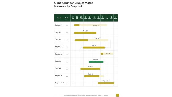 Gantt Chart For Cricket Match Sponsorship Proposal One Pager Sample Example Document