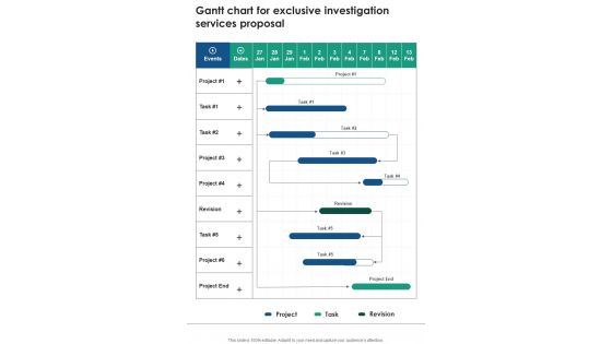 Gantt Chart For Exclusive Investigation Services Proposal One Pager Sample Example Document