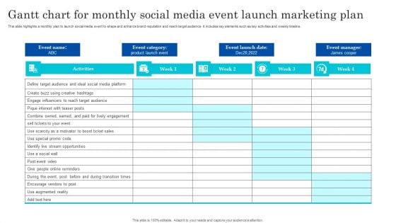 Gantt Chart For Monthly Social Media Event Launch Marketing Plan Professional PDF