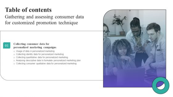 Gathering And Assessing Consumer Data For Customized Promotion Technique Table Of Contents Sample PDF Gathering And Assessing Consumer Data For Customized Promotion Technique Table Of Contents Sample PDF