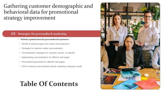 Gathering Customer Demographic And Behavioral Data For Promotional Strategy Improvement Table Of Contents Infographics PDF Gathering Customer Demographic And Behavioral Data For Promotional Strategy Improvement Table Of Contents Infographics PDF