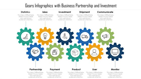 Gears Infographics With Business Partnership And Investment Ppt PowerPoint Presentation File Outline PDF