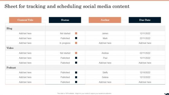 Generating Leads Through Sheet For Tracking And Scheduling Social Media Content Slides PDF