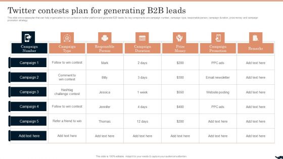 Generating Leads Through Twitter Contests Plan For Generating B2B Leads Slides PDF