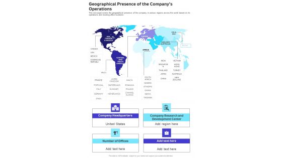 Geographical Presence Of The Companys Operations One Pager Documents