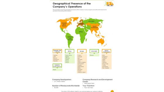 Geographical Presence Of The Companys Operations Template 104 One Pager Documents