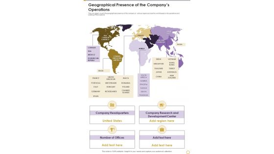Geographical Presence Of The Companys Operations Template 256 One Pager Documents Geographical Presence Of The Companys Operations Template 256 One Pager Documents