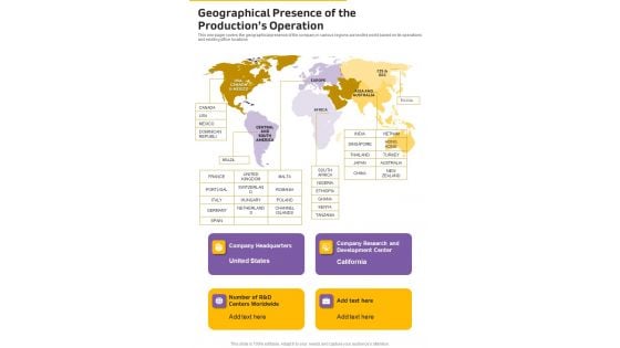 Geographical Presence Of The Productions Operation One Pager Documents