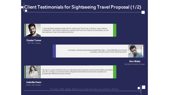 Globetrotting Tour Client Testimonials For Sightseeing Travel Proposal Ppt PowerPoint Presentation Model Graphics Design PDF