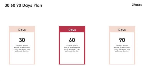 Glossier Financing Elevator Pitch Deck 30 60 90 Days Plan Ppt Professional Elements PDF