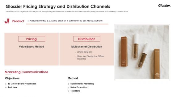 Glossier Financing Elevator Pitch Deck Glossier Pricing Strategy And Distribution Channels Inspiration PDF