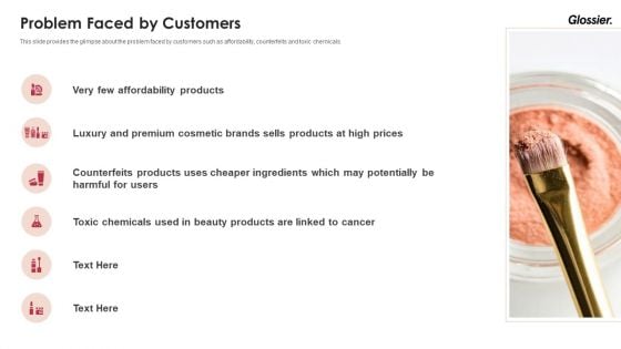 Glossier Financing Elevator Pitch Deck Problem Faced By Customers Summary PDF