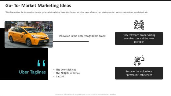 Go To Market Marketing Ideas Uber Cab Elevator Funding Deck Ppt Summary Master Slide PDF