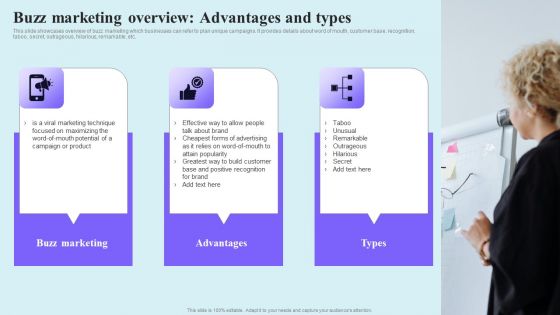 Go Viral Campaign Strategies To Increase Engagement Buzz Marketing Overview Advantages And Types Infographics PDF