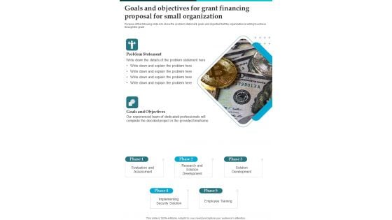 Goals And Objectives For Grant Financing Proposal For Small Organization One Pager Sample Example Document