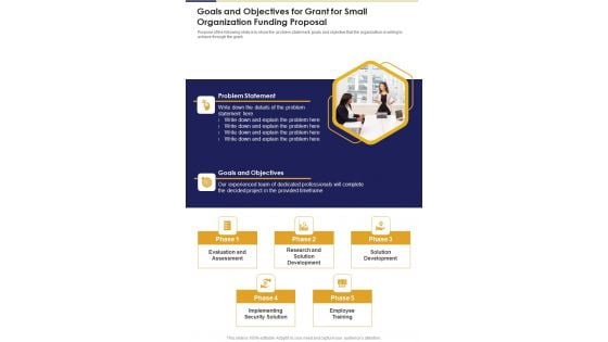 Goals And Objectives For Grant For Small Organization Funding Proposal One Pager Sample Example Document