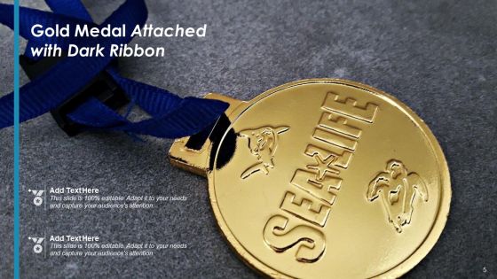 Gold Medal Award Icon Dark Ribbon Ppt PowerPoint Presentation Complete Deck With Slides