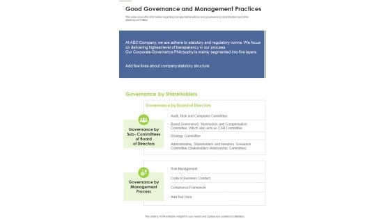 Good Governance And Management Practices Template 323 One Pager Documents