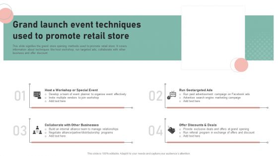 Grand Launch Event Techniques Used To Promote Retail Store Information PDF