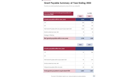 Grant Payable Summary At Year Ending 2022 One Pager Documents