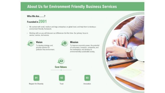 Green Business About Us For Environment Friendly Business Services Ppt Portfolio Information PDF