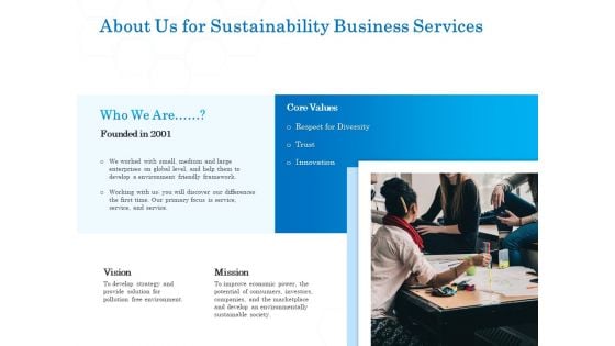 Green Business About Us For Sustainability Business Services Inspiration PDF