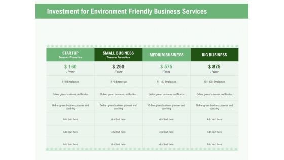 Green Business Investment For Environment Friendly Business Services Ppt Layouts Clipart Images PDF