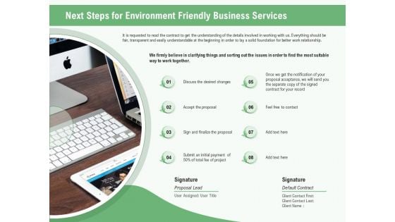 Green Business Next Steps For Environment Friendly Business Services Ppt Visual Aids Infographic Template PDF