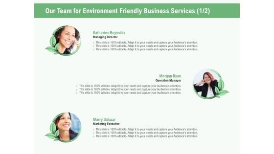 Green Business Our Team For Environment Friendly Business Services Ppt Styles Maker PDF