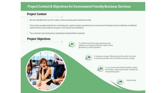 Green Business Project Context And Objectives For Environment Friendly Services Ppt Model Format Ideas PDF