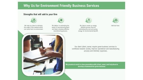 Green Business Why Us For Environment Friendly Business Services Ppt Icon Guidelines PDF