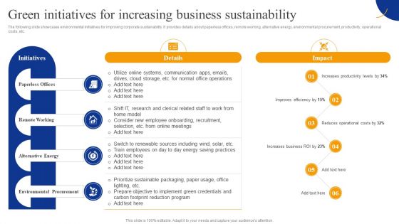 Green Initiatives For Increasing Business Sustainability Strategic Management For Competitive Advantage Icons PDF