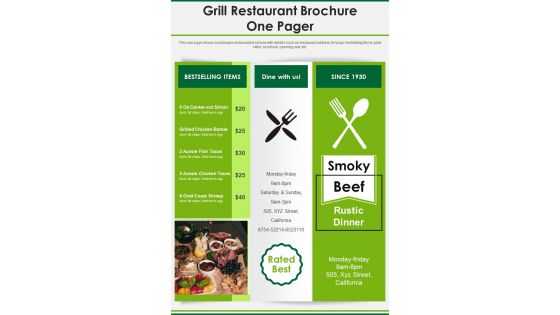 Grill Restaurant Brochure One Pager PDF Document PPT Template