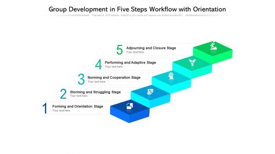 Group Development In Five Steps Workflow With Orientation Ppt PowerPoint Presentation Gallery Outline PDF